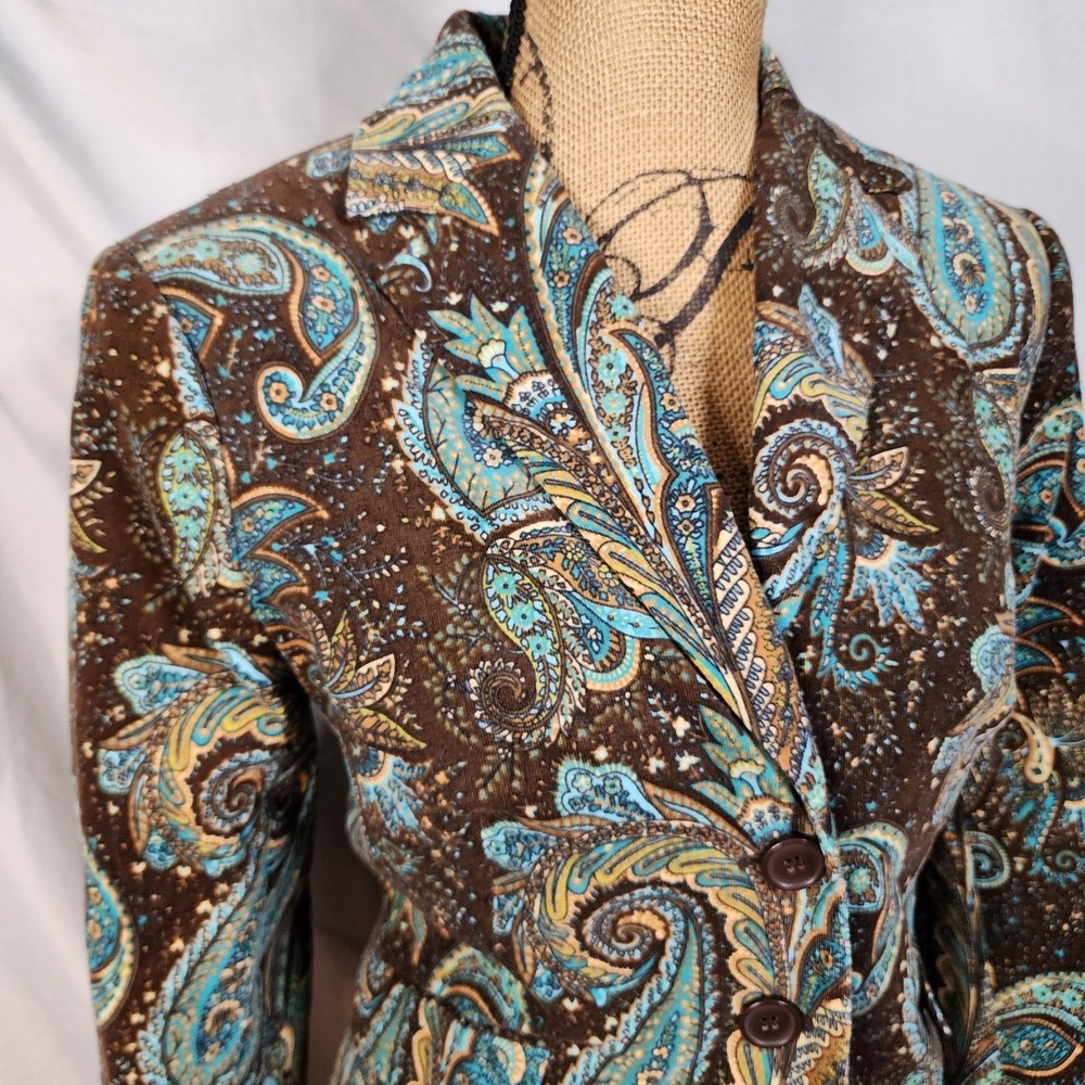 DALIA Size 10 Pinwale Corduroy Brown Paisley Two Button Structured Office Blazer - Picture 7 of 13